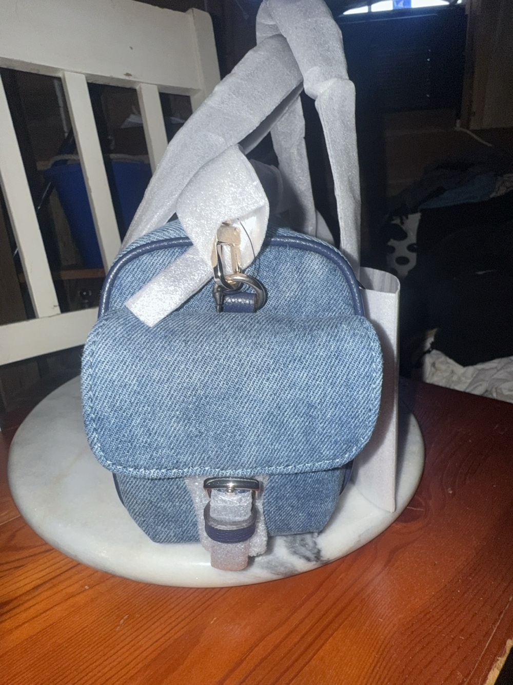 NWT GUESS Kassie Small Box Satchel Bag Denim Y2K - Picture 7 of 7